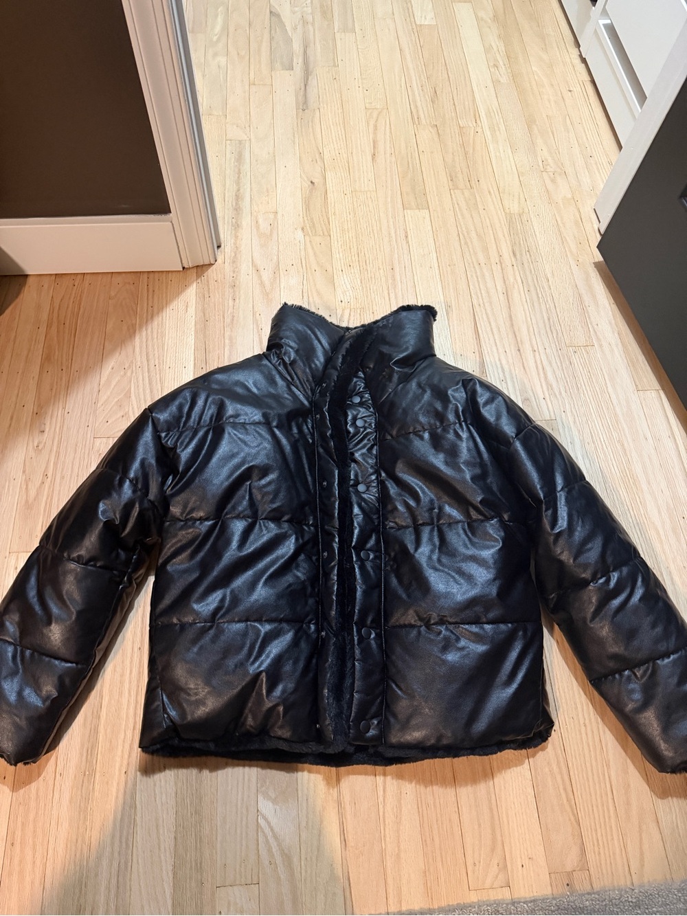 Faux Leather Black Puffer Coat with Faux Fur Lining